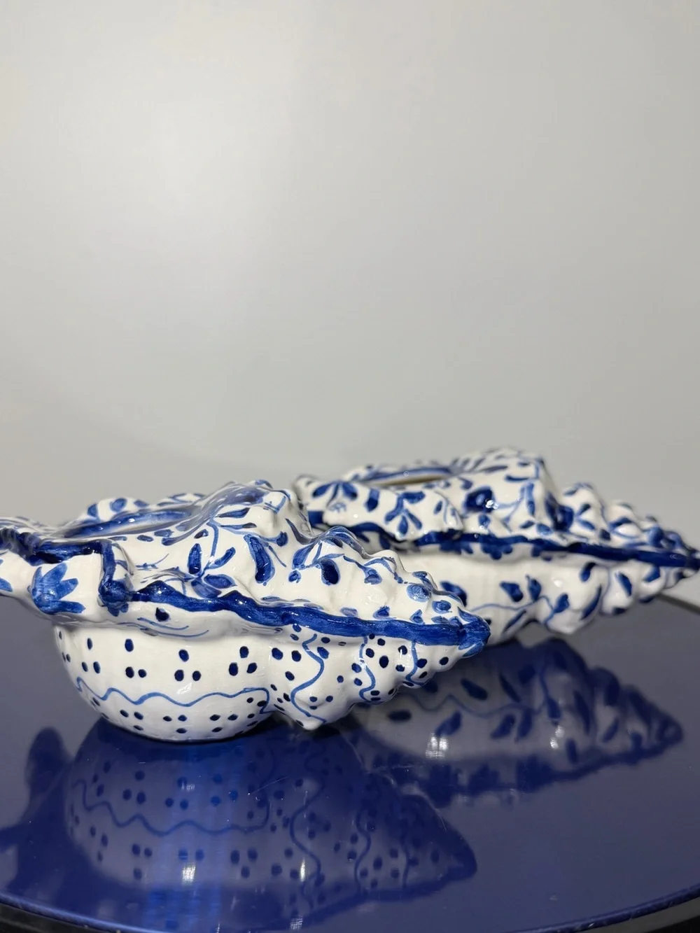 Hand-Painted Blue & White Ceramic Shell Candle Holder - Brand Unlabeled